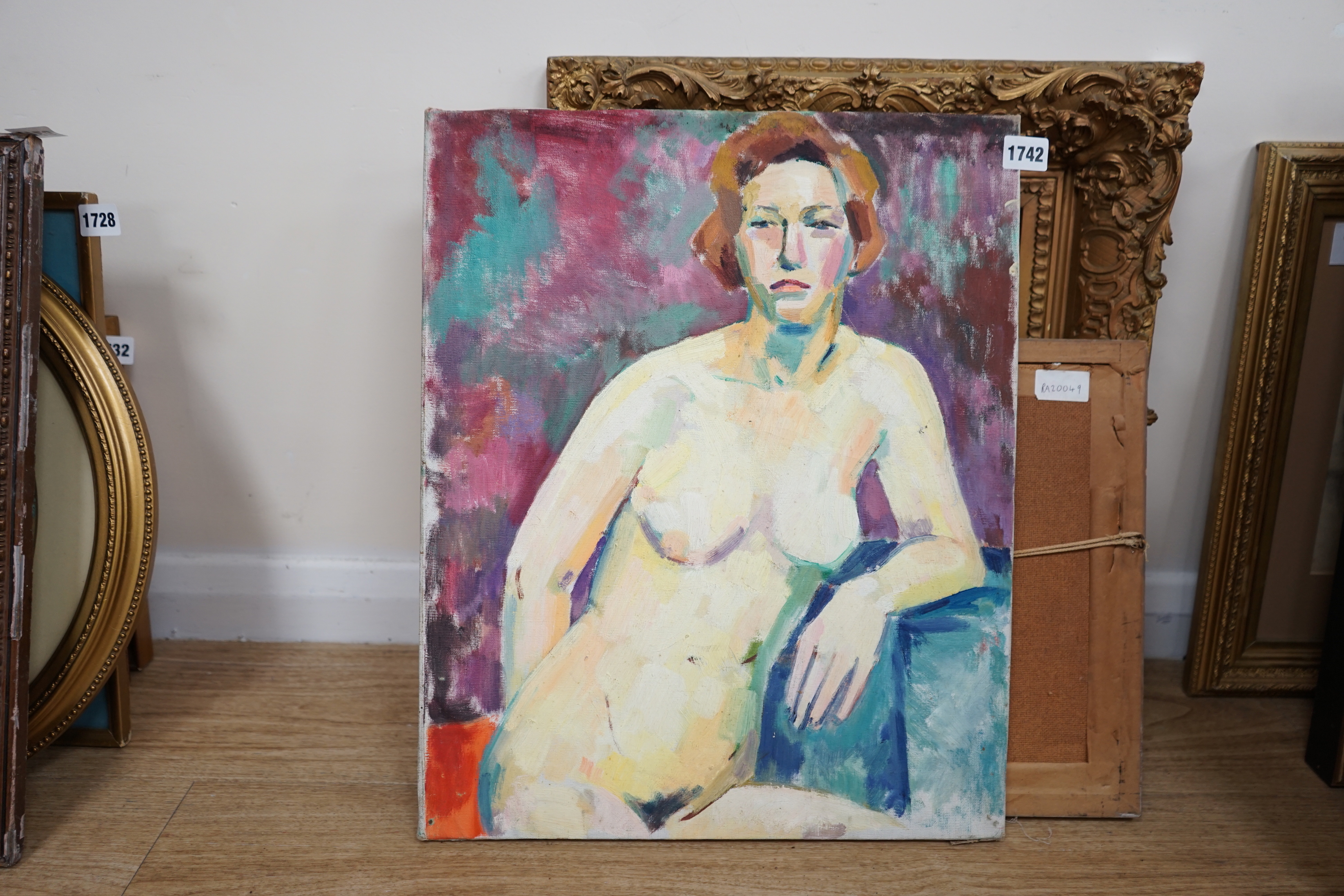 Modern British, oil on canvas, Female nude, 50 x 40cm, unframed